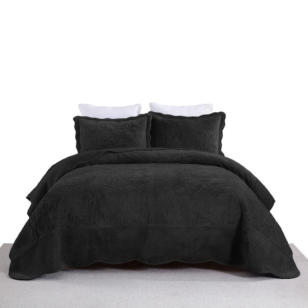 BYV302 Black Leaf and Vines Queen Size Polyester Velvet Quilt Bedspread Set