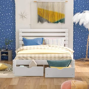 Queen Size 61 in. W White Platform Bed with 2 Drawers, Wood Frame Queen Adult Platform Bed Frame with Headboard