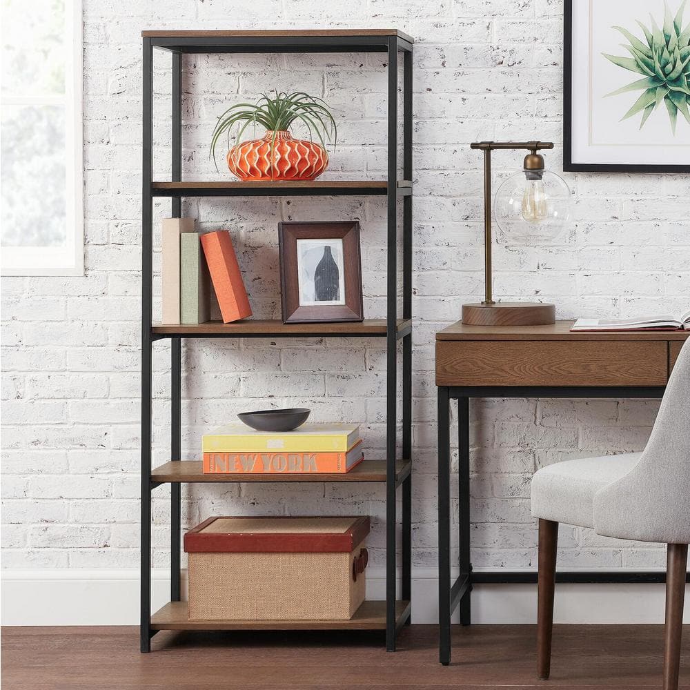 StyleWell Donnelly 58 in. Black Metal/Haze Wood Finish 5-shelf Accent Bookcase with Open Back