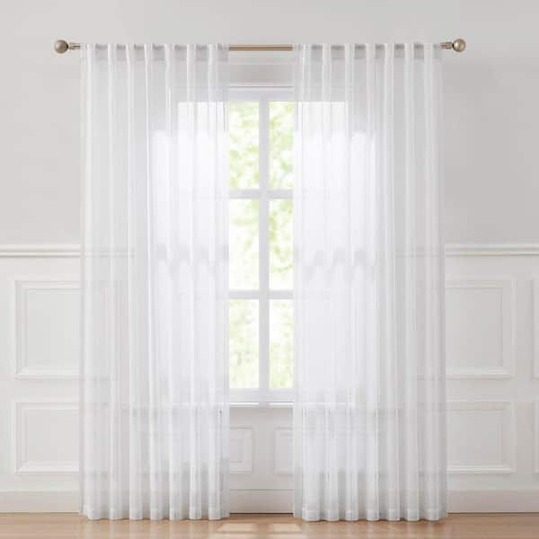 Calia Textured Stripe White Polyester 52 in. W x 84 in. L Back Tab Sheer Curtain (Set of 2)