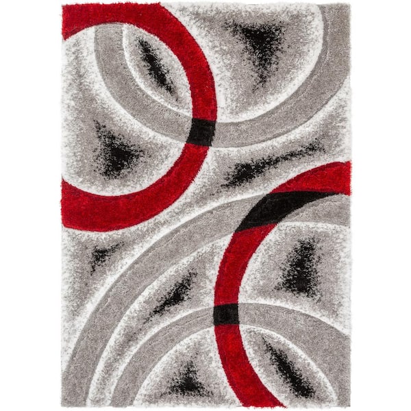 Well Woven San Francisco Oahu Red Modern Geometric Arcs And Shapes 3 ft. 11 in. x 5 ft. 3 in. 3D Carved Shag Area Rug
