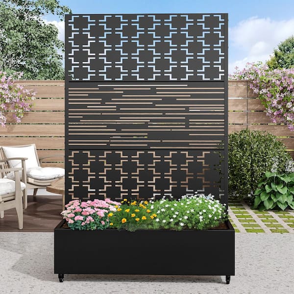 72 in. H x 47 in. W Rectanglar Black Outdoor Metal Privacy Screen Planter Box Wall Decor