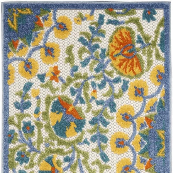 Charlie 2 X 12 ft. Blue Yellow and White Floral Indoor/Outdoor Area Rug