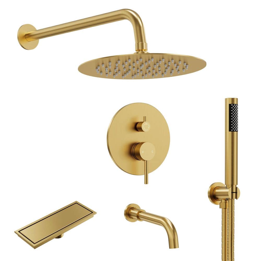 3-Spray 10 in. Dual Wall Mount Shower Head and Handheld Shower Faucet 2.5 GPM in Brushe Gold with Drain price history on PriceWatchPro