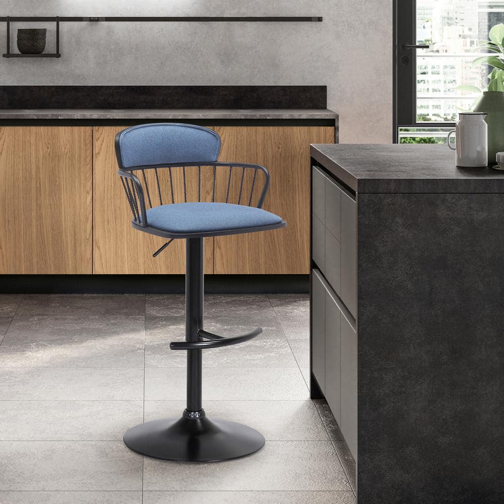 Nash Adjustable 33 in. Blue/Black Metal/Wood Bar Stool with Blue Fabric Sea