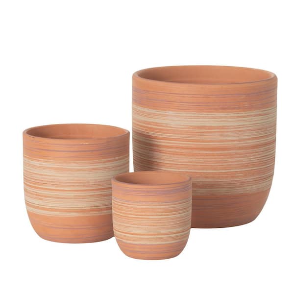 SULLIVANS 8 in. 5.5 in. and 4 in. Ceramic Striped Planter Set of 3, Brown