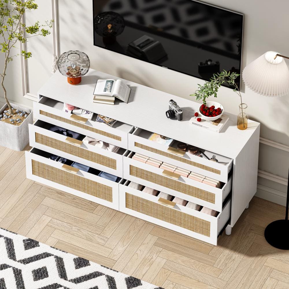 White MDF and Rattan 6-Drawer Dresser with Gold Handles
