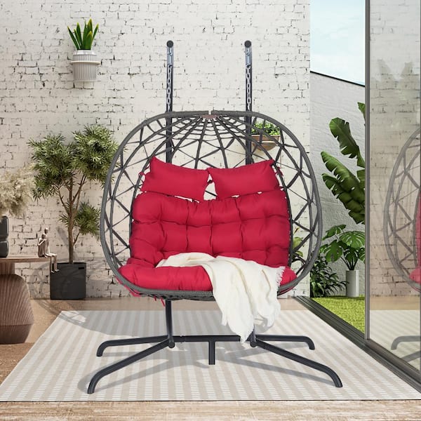 Unbranded 2-Person Outdoor Gray Metal Wicker Porch Swing Egg Chair with Stand and Red Cushion