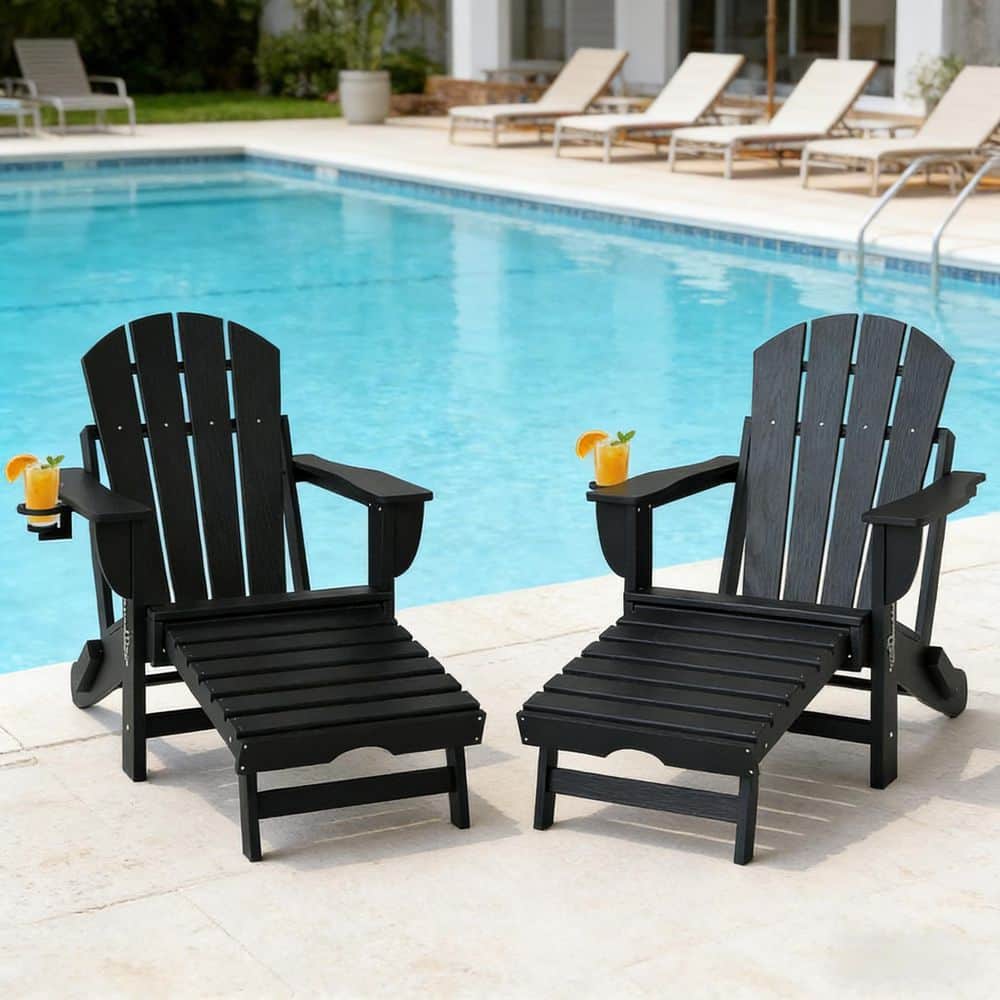 Black HDPE Folding Adirondack Chair with Hidden Footrest and Cup Holder, Set of 2 durable construction price history on PriceWatchPro