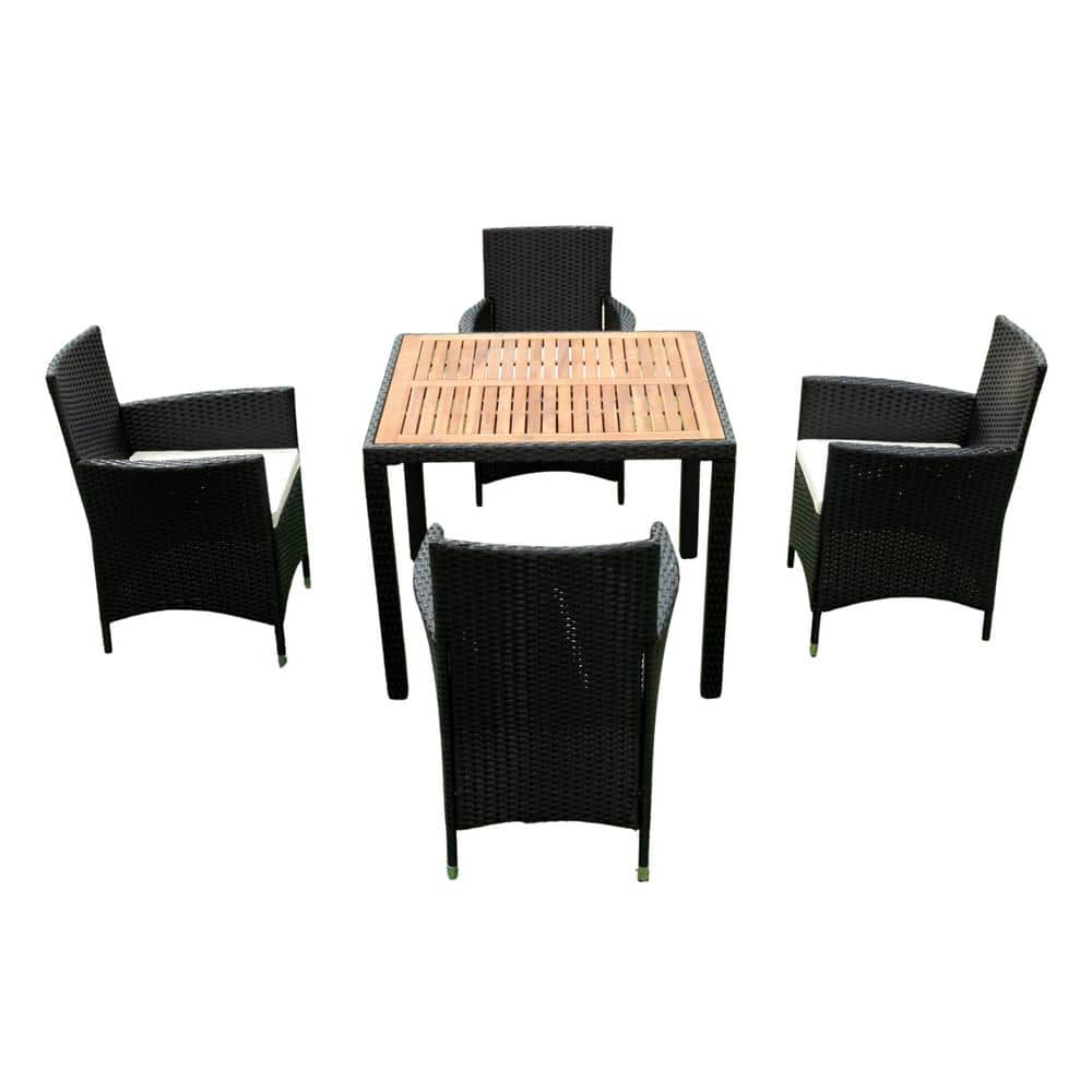 Black 5-Piece Patio Wicker Outdoor Dining Set with Acacia Wood Top, Wicker 