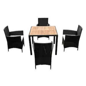 Black 5-Piece Patio Wicker Outdoor Dining Set with Acacia Wood Top, Wicker Chairs and Creme Cushions