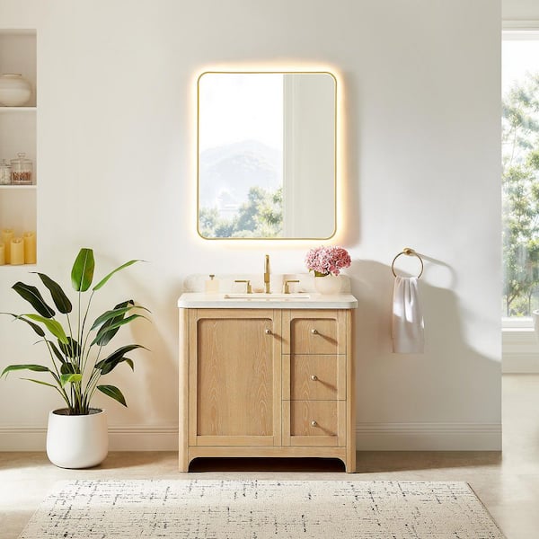Milner 36 in. Single Freestanding Brushed Oak Bath Vanity with Grain White Engineered Stone Top Assembled