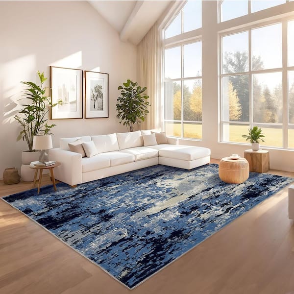 Blue 10 ft. x 13 ft. Modern Abstract Decorative Area Rug Polyester
