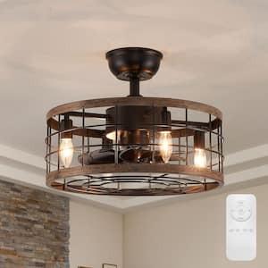 18 in. Indoor 4-Light Black Farmhouse Caged Ceiling Fan with Light Small Enclosed Ceiling fan with Remote for Bedroom