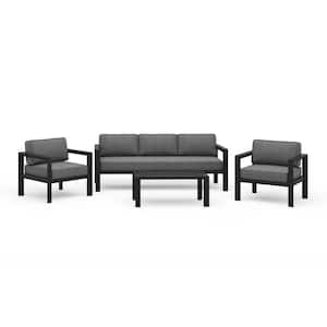 Grayton Gray 4-Piece Aluminum Patio Conversation Set with Sofa, 2 Lounge Chairs and Coffee Table with Gray Cushions