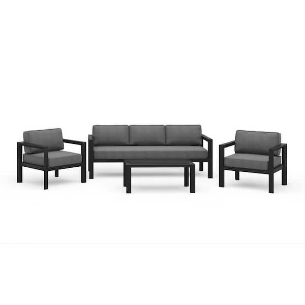 HOMESTYLES Grayton Gray 4-Piece Aluminum Patio Conversation Set with Sofa, 2 Lounge Chairs and Coffee Table with Gray Cushions