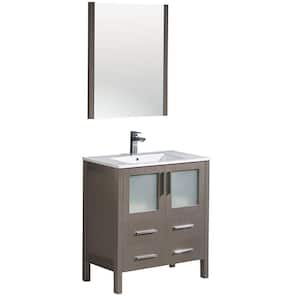 Torino 30 in. Vanity in Gray Oak with Ceramic Vanity Top in White with White Basin and Mirror (Faucet Not Included)