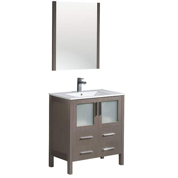 Fresca Torino 30 in. Vanity in Gray Oak with Ceramic Vanity Top in White with White Basin and Mirror (Faucet Not Included)