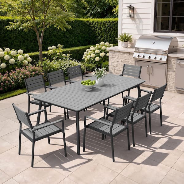 9 piece patio set with umbrella Pellebant 9-Piece Dark Gray 82.5 in. Aluminum Patio Outdoor Dining Set with  Umbrella Hole and Stackable Dining Chairs PB-DC5012DGY-9