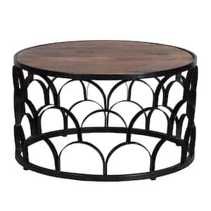 Dex 32 in. Brown and Black Round Mango Wood Coffee Table with Lattice Cut Out Metal Frame