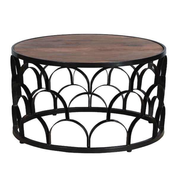 THE URBAN PORT Dex 32 in. Brown and Black Round Mango Wood Coffee Table with Lattice Cut Out Metal Frame