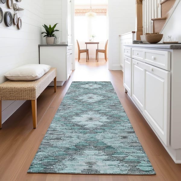 Mayfield Premium Machine Washable Abstract AMF1226 Teal 2 ft. 3 in. x 7 ft. 6 in. Runner Rug
