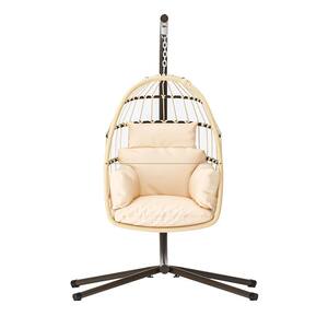 Indoor/Outdoor Foldable Steel Natural Single Seat Hanging Swing Chair with Stand, Soft Cushion, Rattan Hanging Chair