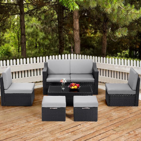 EGEIROSLIFE 6-Piece Rattan Patio Sectional Sofa with Black/Grey Cushions