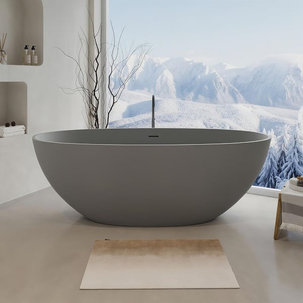65 in. x 29.5 in. Stone Resin Flatbottom Solid Surface Freestanding Double Slipper Soaking Bathtub in Matte Gray