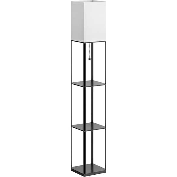 Rottogoon 63 in. Black Modern Column Floor Lamp with Shelves with 3 CCT LED Bulb, for Living Room, with White Linen Shade