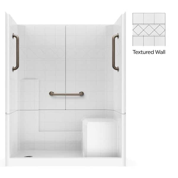 Liberty 60 in. x 33 in. x 77 in. Low Threshold 3-Piece Shower Kit in White with Right Seat, 3 Grab Bars, Left Drain