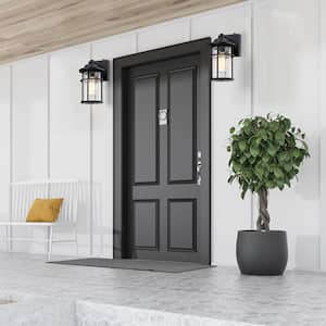 Martin 1-Light Matte Black Outdoor Dusk-to-Dawn Sensor Wall Lantern Sconce with Crackle Glass Shade(2-pack)