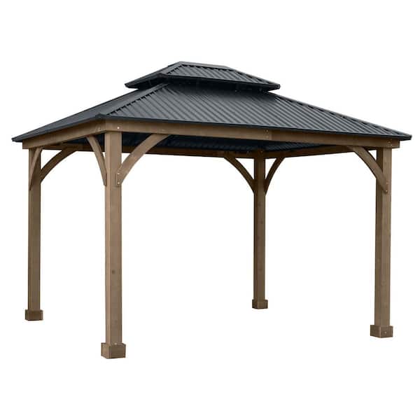Aoodor 12 ft. x 10 ft. Outdoor Patio Gray Wooden Frame Gazebo with 2-Tier Black Hardtop Roof