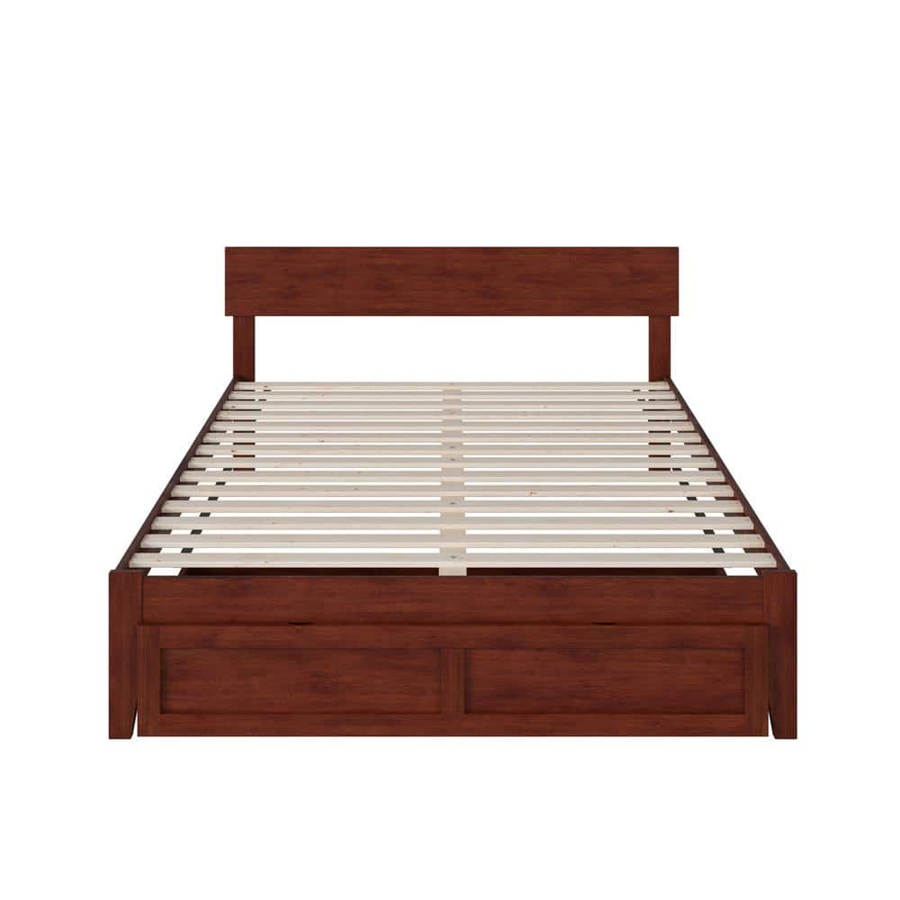Walnut Queen Bed with Upholstered Headboard and Storage Drawer