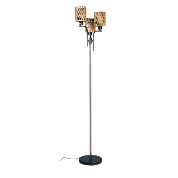 INNOBULE 64.96 in. H Black 360° Rotation 3-Lights Rattan Standard Floor Lamp with Foot Switch
