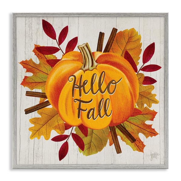 Stupell Industries Hello Fall Sentiment Pumpkin Autumn Tree Leaves by Jackie Quigley Gray Framed Graphic Country Art Print 24 in. x 24 in.