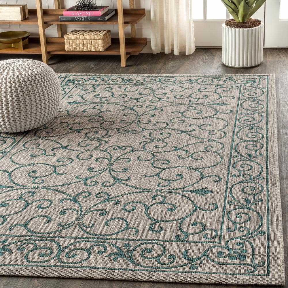 Boho-Chic Vintage Filigree Teal & Gray Synthetic Indoor/Outdoor Rug