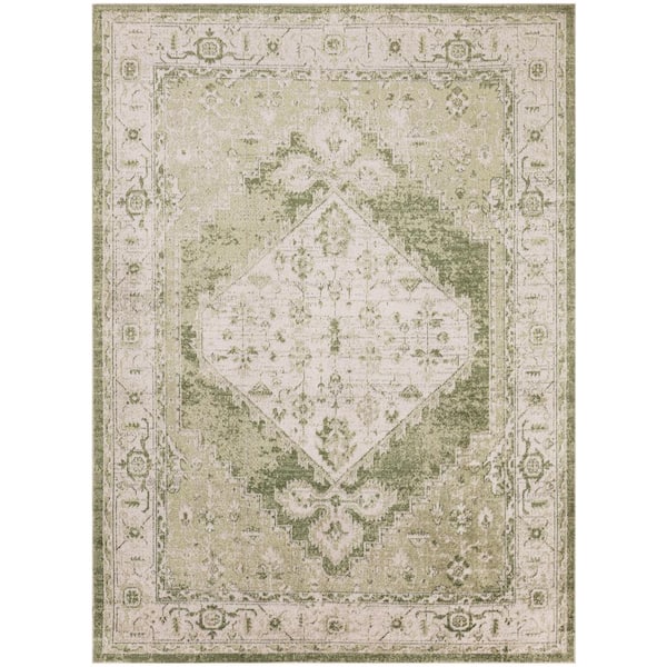 Nourison Astra Machine Washable Ivory Green 5 ft. x 7 ft. Center medallion Traditional Area Rug