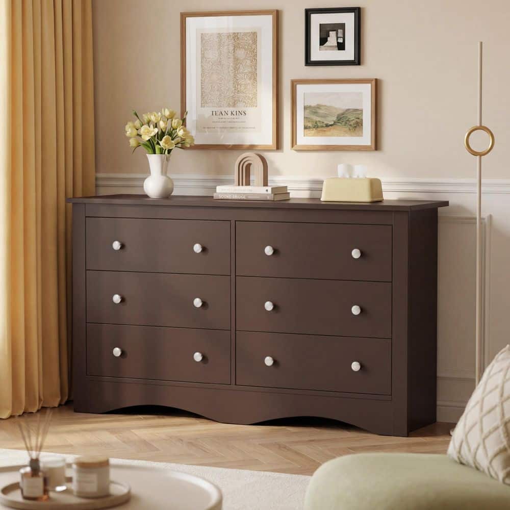 LACOO Creaser 51.9 in. Brown MDF Dresser for Bedroom, Wide Chest of Drawers with 6-Wood Dresser Drawers