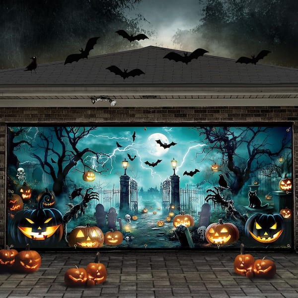 N/A Spooky Halloween Garage Door Cover Banner 16 x 7 ft. Scary
