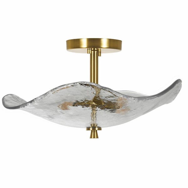 17 in. 2-Light Gold Semi-Flush Mount Ceiling Light Fixture with Water Ripple Glass Shade for Hallway, Bedroom