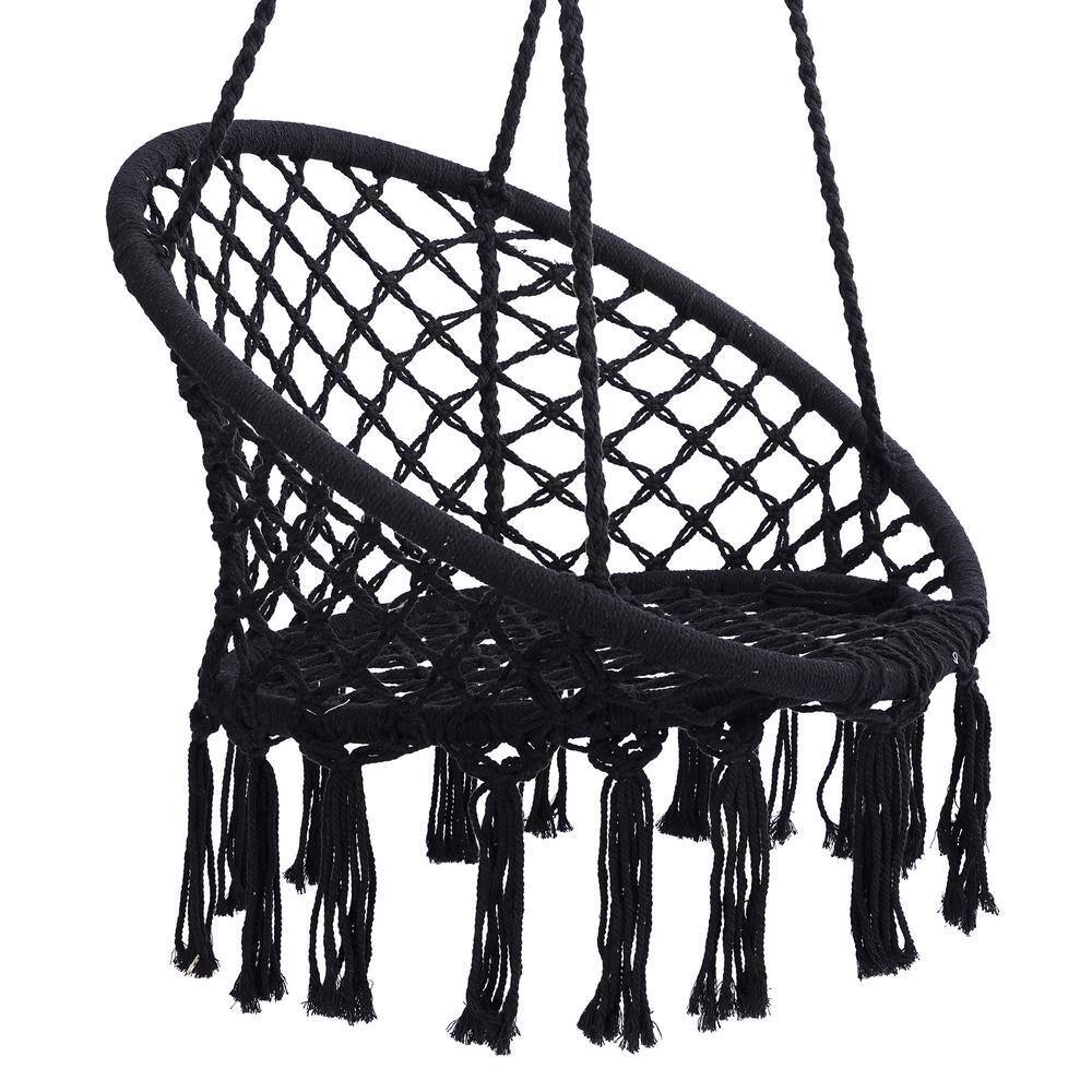 Side view of a black cotton rope hammock swing chair.