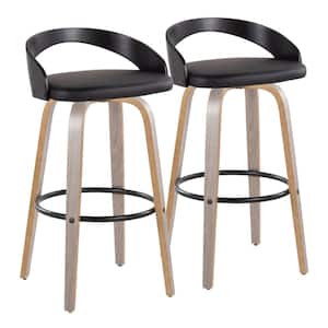 Grotto 29.5 in. Black Faux Leather, Light Grey and Black Wood and Black Metal Fixed-Height Bar Stool (Set of 2)