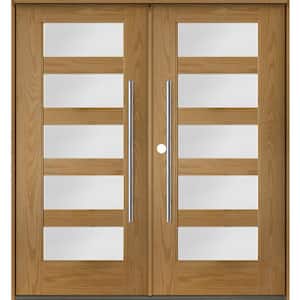Faux Pivot 72 in. x 80 in. Right-Active/Inswing 5-Lite Satin Glass Bourbon Stain Double Fiberglass Prehung Front Door