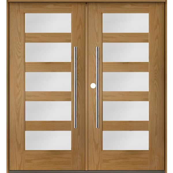 Krosswood Doors Faux Pivot 72 in. x 80 in. Right-Active/Inswing 5-Lite Satin Glass Bourbon Stain Double Fiberglass Prehung Front Door