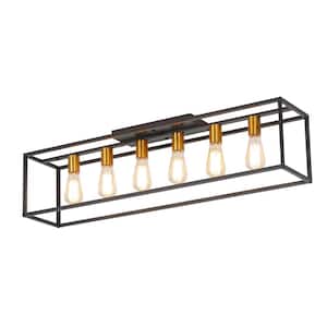 38 in. 6-Light Farmhouse Rectangluar Cage Black and Gold Flush Mount with No Bulbs Included