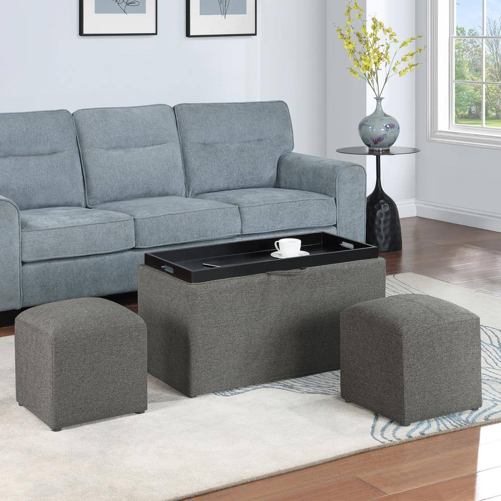 Elegant Gray Storage Bench with Reversible Tray and Side Ottomans