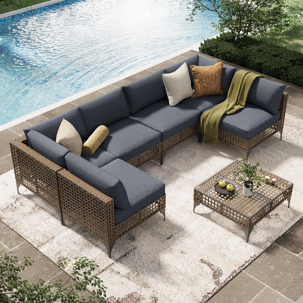 Sudzendf 7-Piece Gray Wicker Patio Conversation Set with Gray Cushions ...