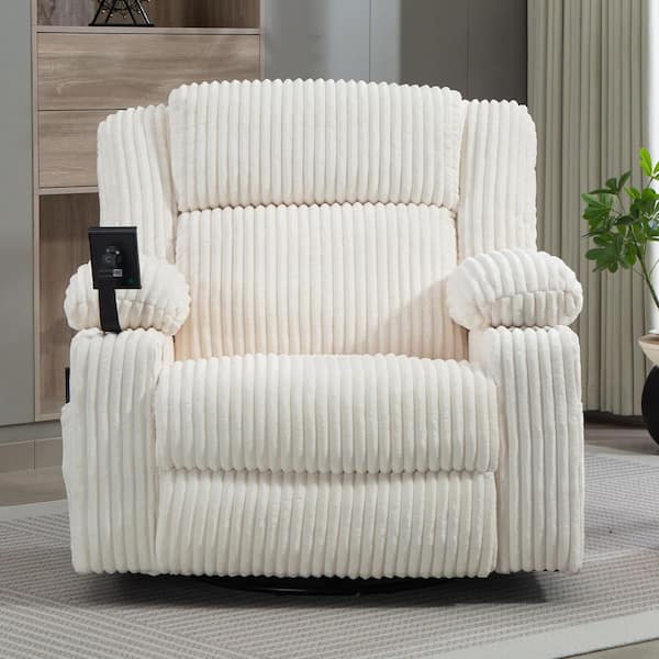 Oversized 26.3 in. W White Corduroy Fabric 270° Swivel Rocker Recliner Chair Adjustable Headrest and Infinite Position