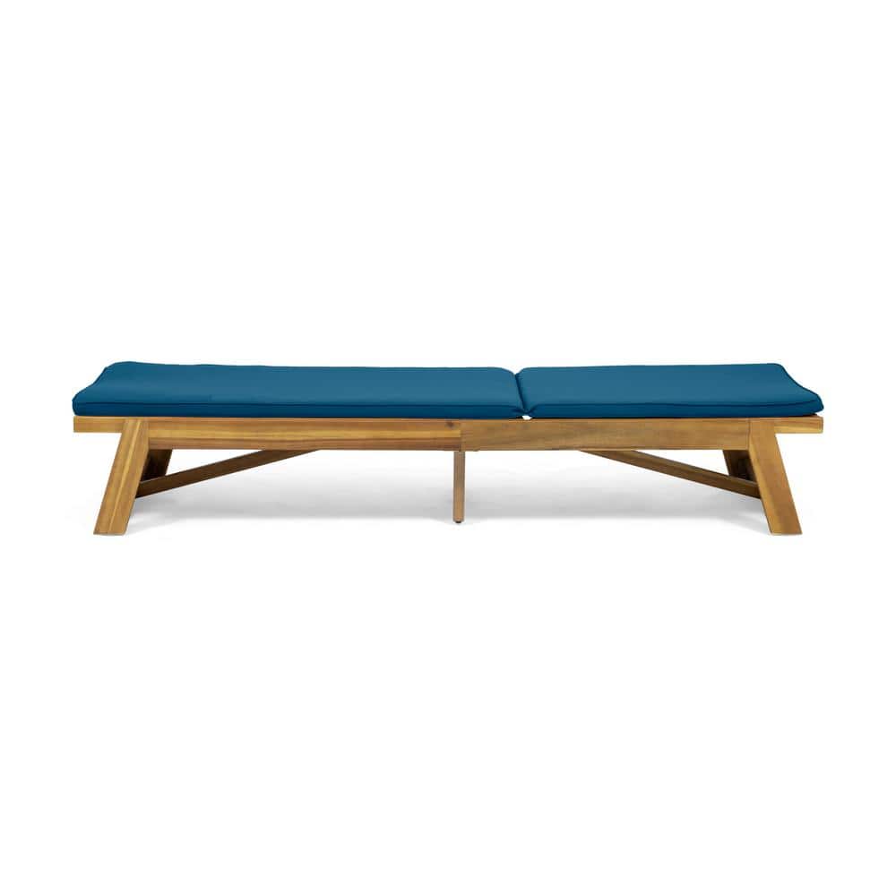 Teak Brown Wood Chaise Lounge with Blue Cushions